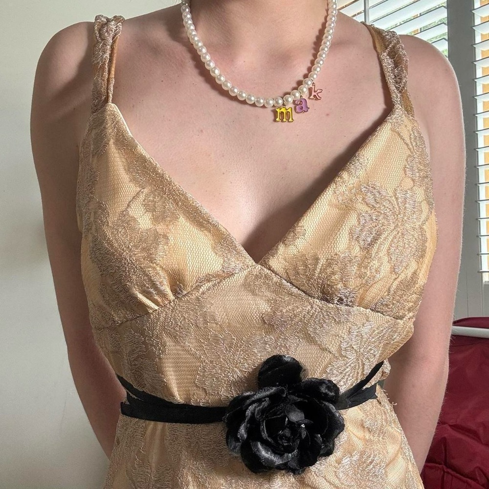 Vintage Ruby Rox Gold Floral Lace Slip Dress (S-M) - Picture 5 of 6